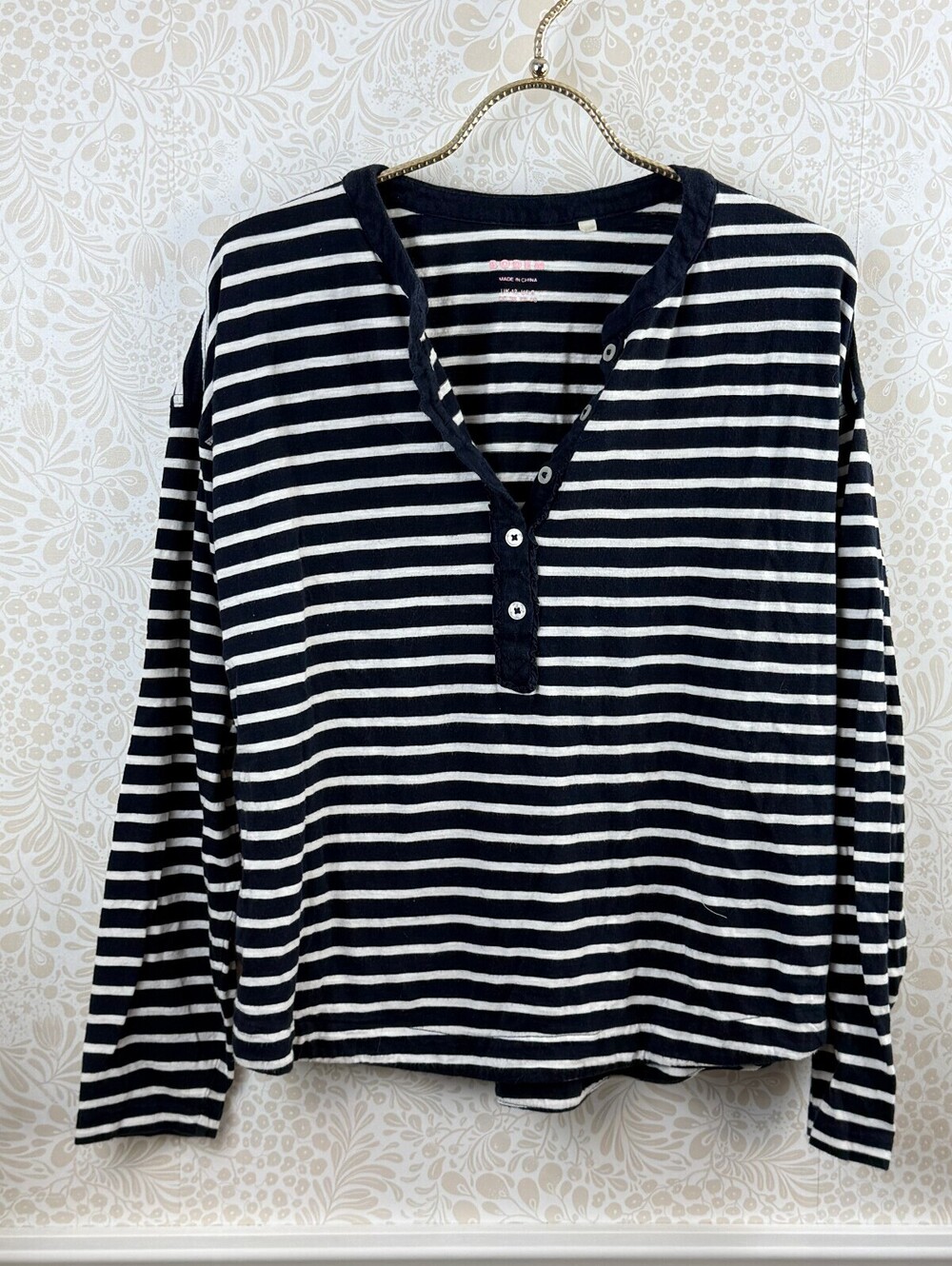 BODEN Navy and White Striped Ruffle Trim Long-Sleeve Henley Tee - Size - 8 - Picture 6 of 7